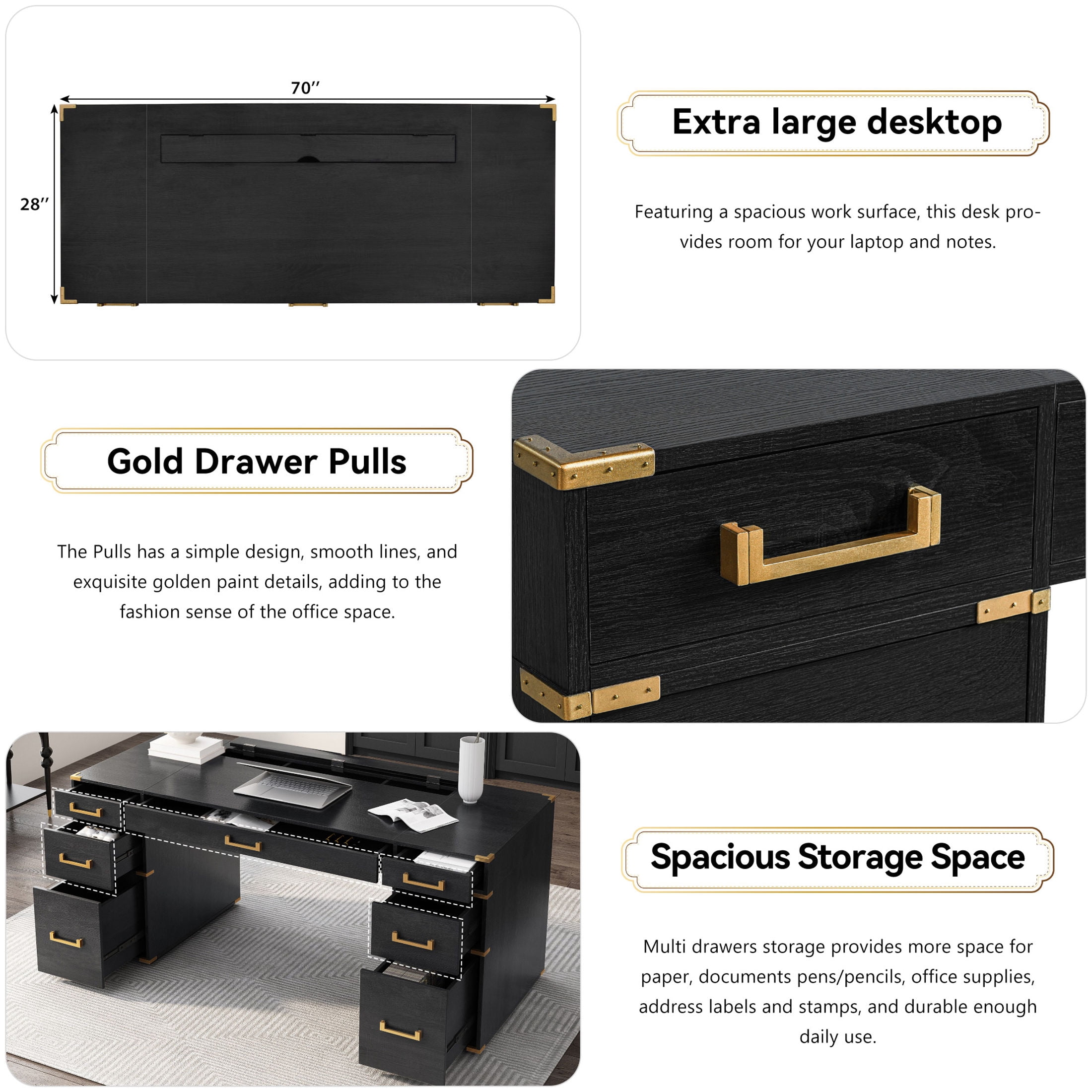 GDF Studio Morad 70" Extra-Large Classic Executive Desk with Metal Edge Trim & Power Outlets for Home Office, Black