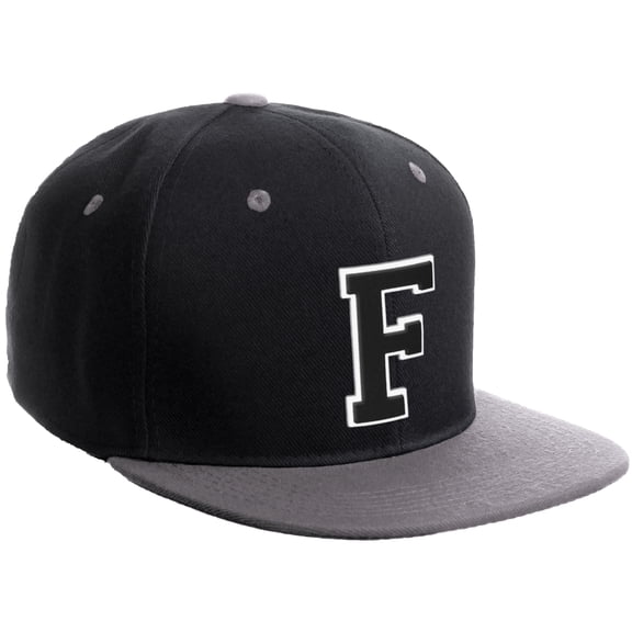 Daxton Classic Snapback Hat Custom A to Z Initial Varsity Letters, Black LGrey Hat White Black Letter F