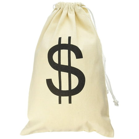 Large Canvas Natural Money Bag Pouch with Drawstring Closure and Dollar Sign Design Toy Theme Party Favors by Super Z Outlet