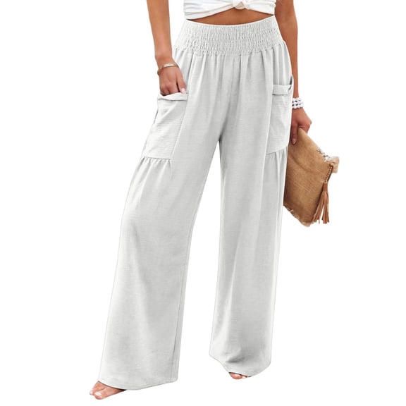 Womens Baggy Wide Leg Palazzo Pants Summer Casual Boho Smocked High Waist Lounge Trousers Beach Travel Vacation Pants L