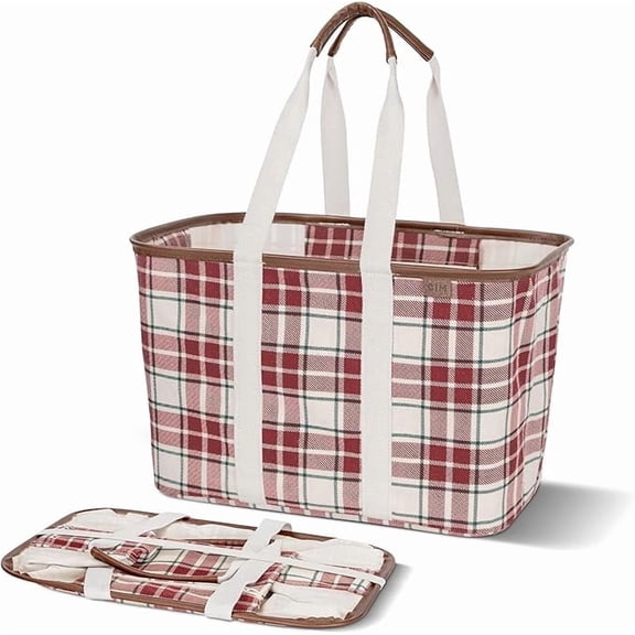 CleverMade Collapsible LUXE Tote Reusable Foldable Grocery Shopping Bag, 30L, Red Checker