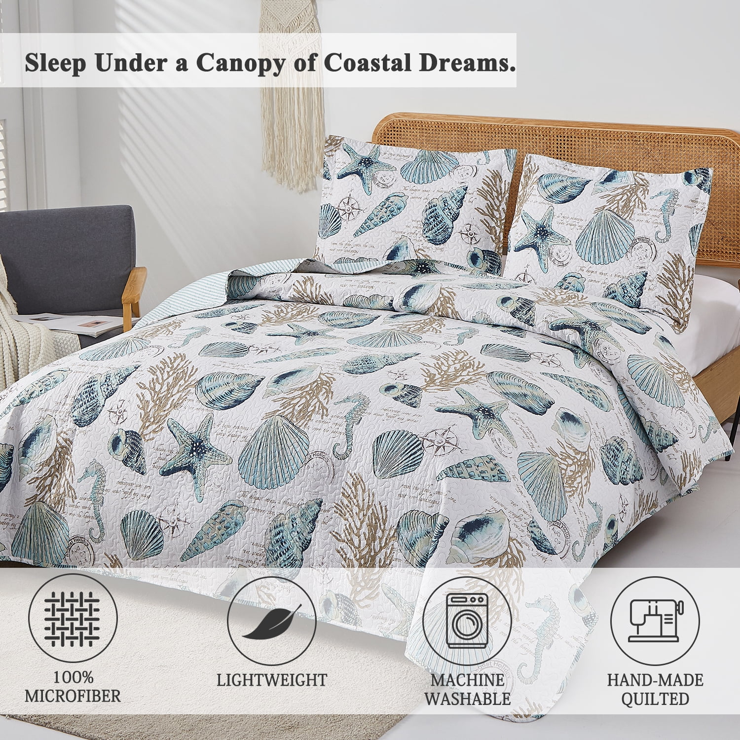 Jessy Home Shell Quilt Queen/Full Size Coastal Beach Bedspreads Microfiber Bedding Set