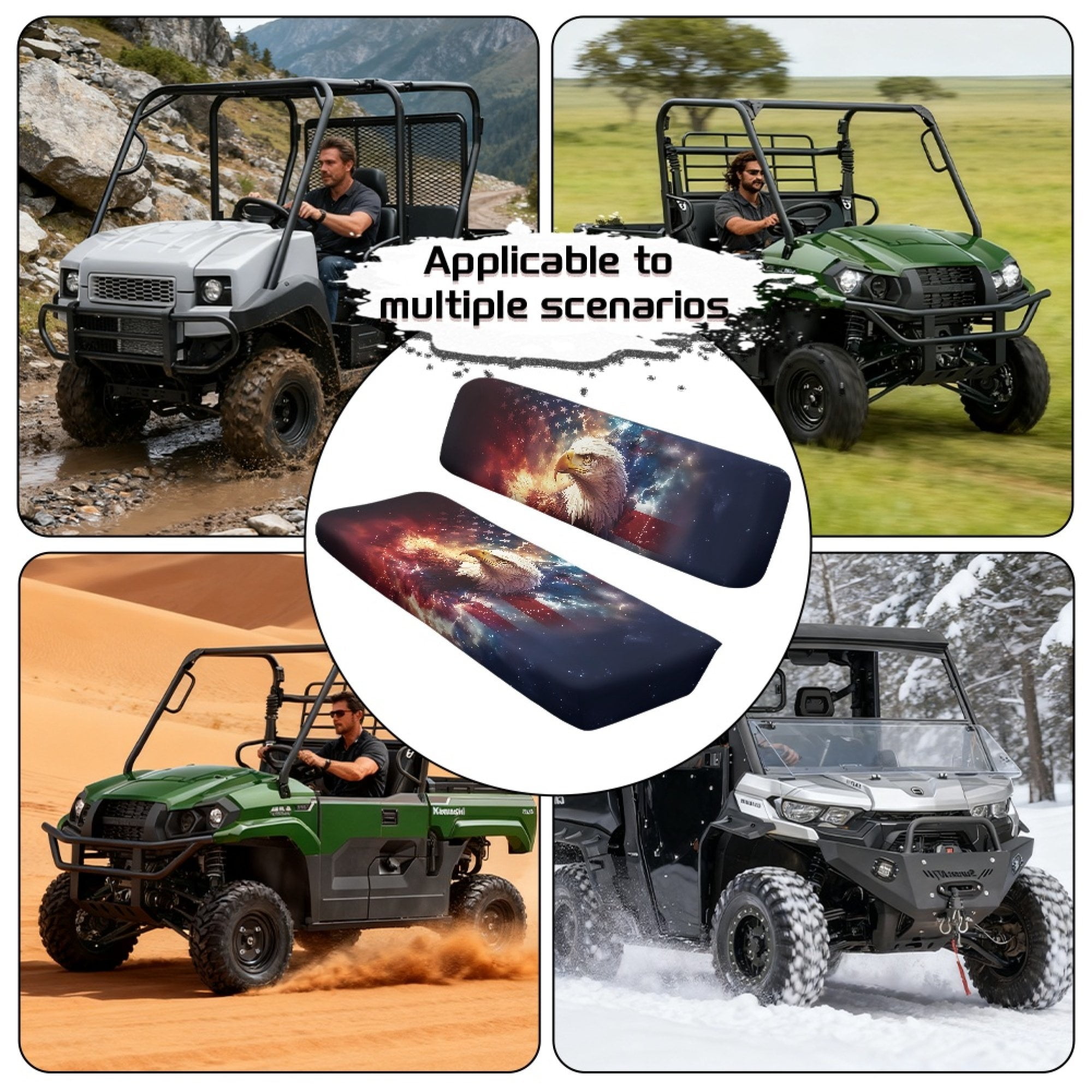 ZIATUBLES Universal UTV Front Seat Covers, 2-Pack Fits for Kawasaki Mule, Waterproof, Scratch-Resistant and Easy-Clean Protective Covers for Outdoor Farm Ranch (Bald Eagle USA Flag)