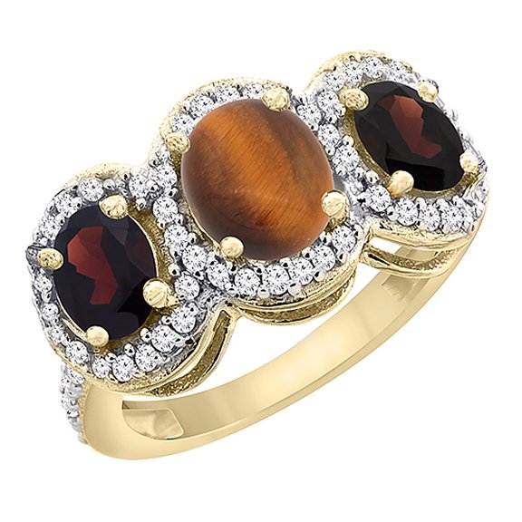 14K Yellow Gold Natural Tiger Eye & Garnet 3-Stone Ring Oval Diamond Accent, size 6