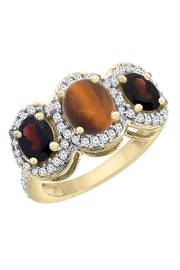 14K Yellow Gold Natural Tiger Eye & Garnet 3-Stone Ring Oval Diamond Accent, size 5