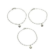 JOYFUL CREATIONS Set of 3, Sterling Silver Puff Shamrock, Heart, Star Charm Bracelet, Anklet Adjustable 9.5"