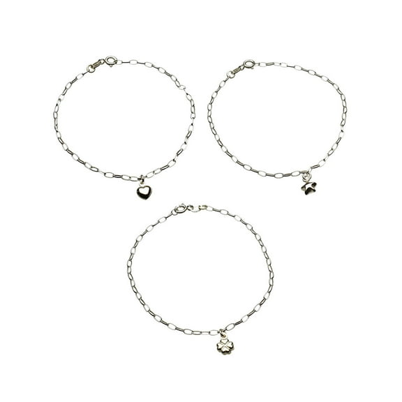 Set of 3, Sterling Silver Puff Shamrock, Heart, Star Charm Bracelet, Anklet Adjustable 9.5"