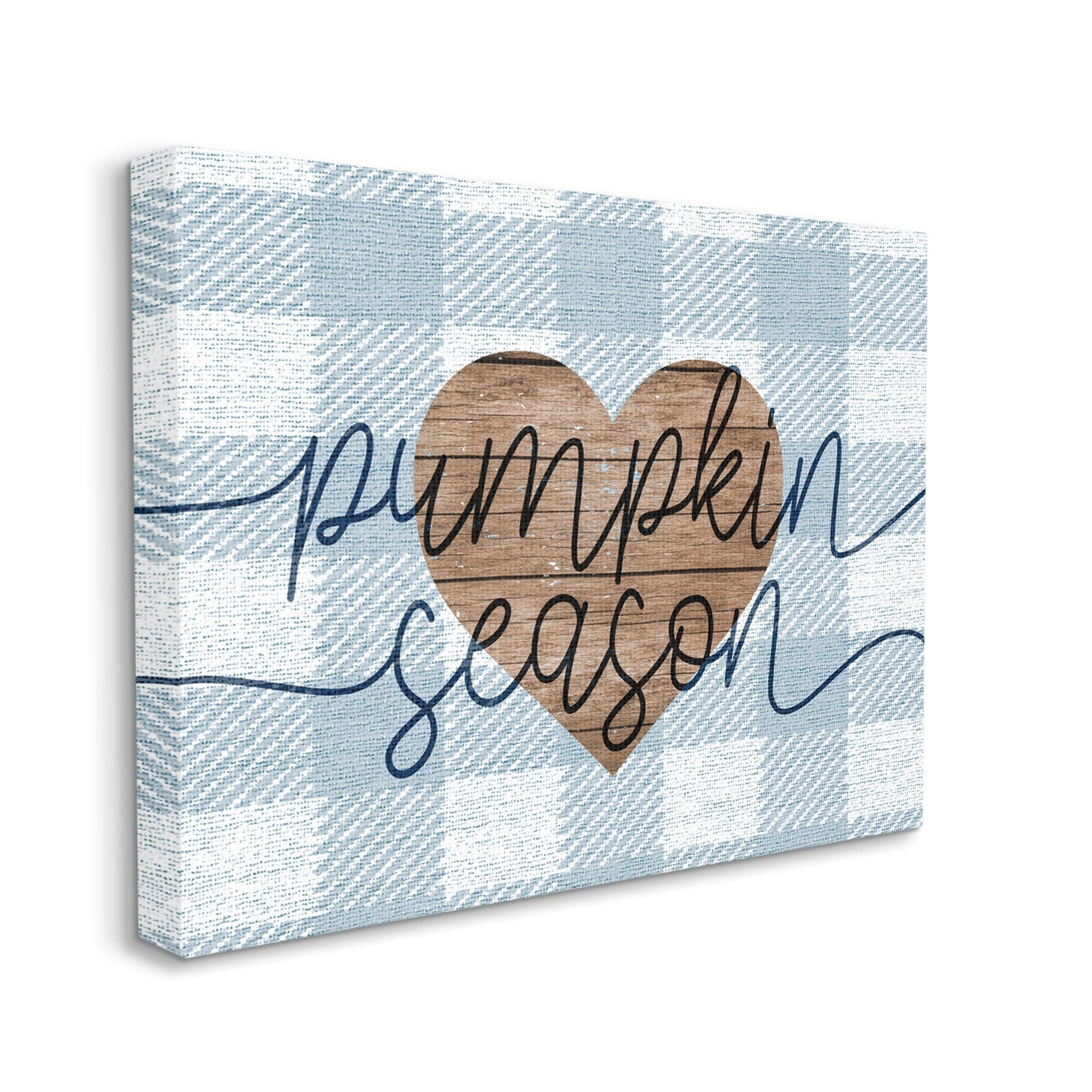 Stupell Industries Pumpkin Season Grain Pattern Heart Blue Checker Plaid, 48 x 36,Design by Daphne Polselli
