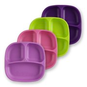 Angle View: Re-Play Made in USA 4pk Divided Plates with Deep Sides for Easy Baby, Toddler, Child Feeding - Bright Pink, Lime Purple, Amethyst (Butterfly+)