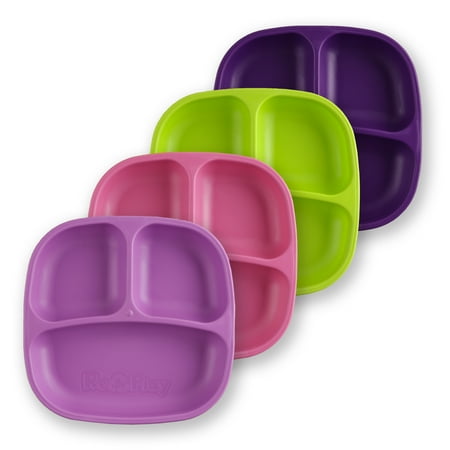 Re-Play Made in USA 4pk Divided Plates with Deep Sides for Easy Baby, Toddler, Child Feeding - Bright Pink, Lime Purple, Amethyst (Butterfly+)