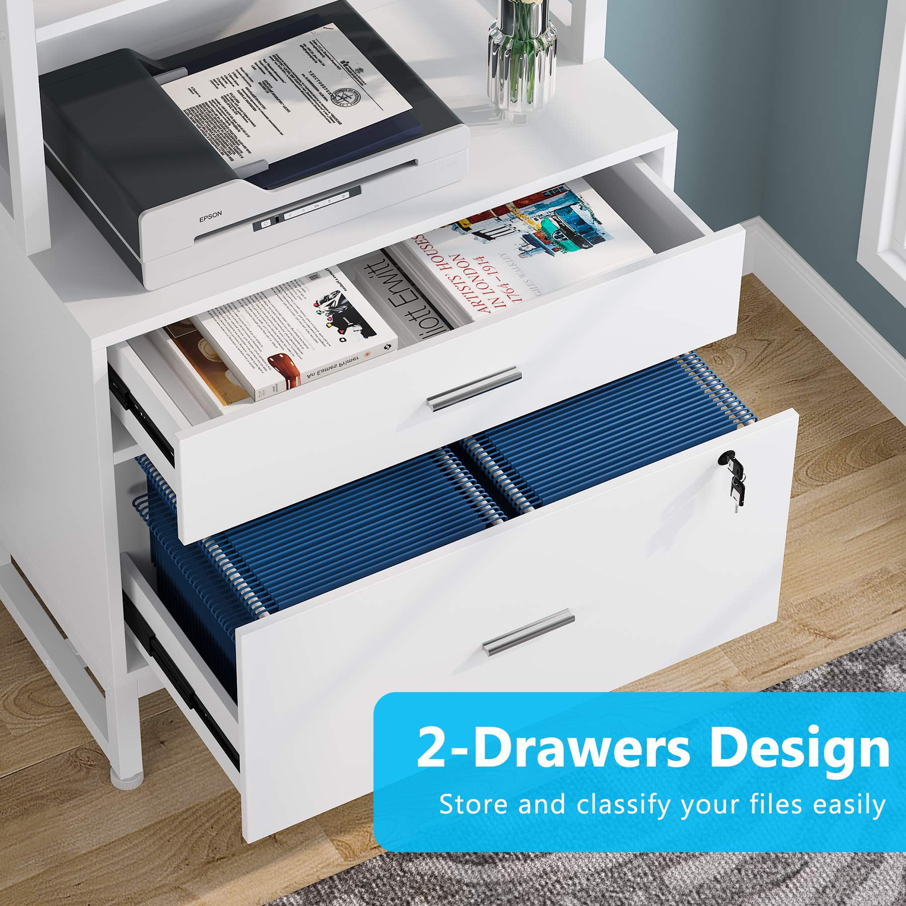 Tribesigns 2 Drawer File Cabinet with Lock, Letter Size Modern Filing Cabinet with Storage, White