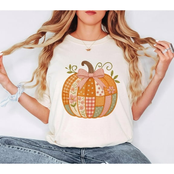 Patchwork Pumpkin T-Shirt Cute Fall Embroidery Look Cottagecore Autumn Pumpkin with Bow and Flowers Shirt