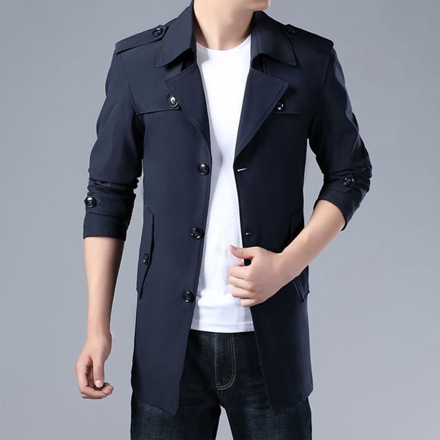 LOVZFMLL Jackets for Men Fashion Solid Color Button Pocket Medium Long Sleeve Casual Windcoat Coat