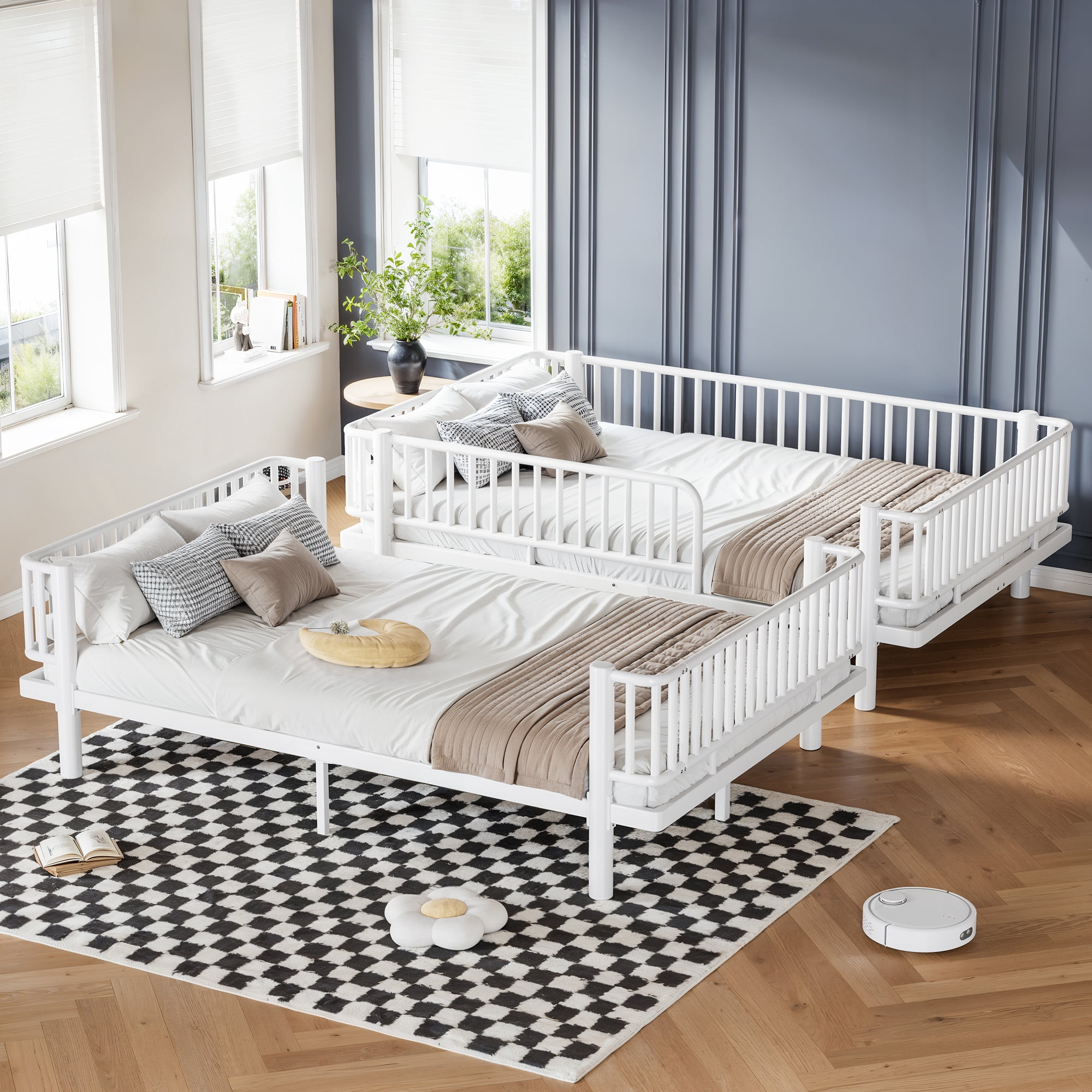Leumius Queen over Queen Bunk Bed Frame with Ladders & Guardrails, Metal Bunk Bed Frame with Upgraded Safety Round-Pipe Design, Can Transformed into 2 Platform Bed for Teens Adults White