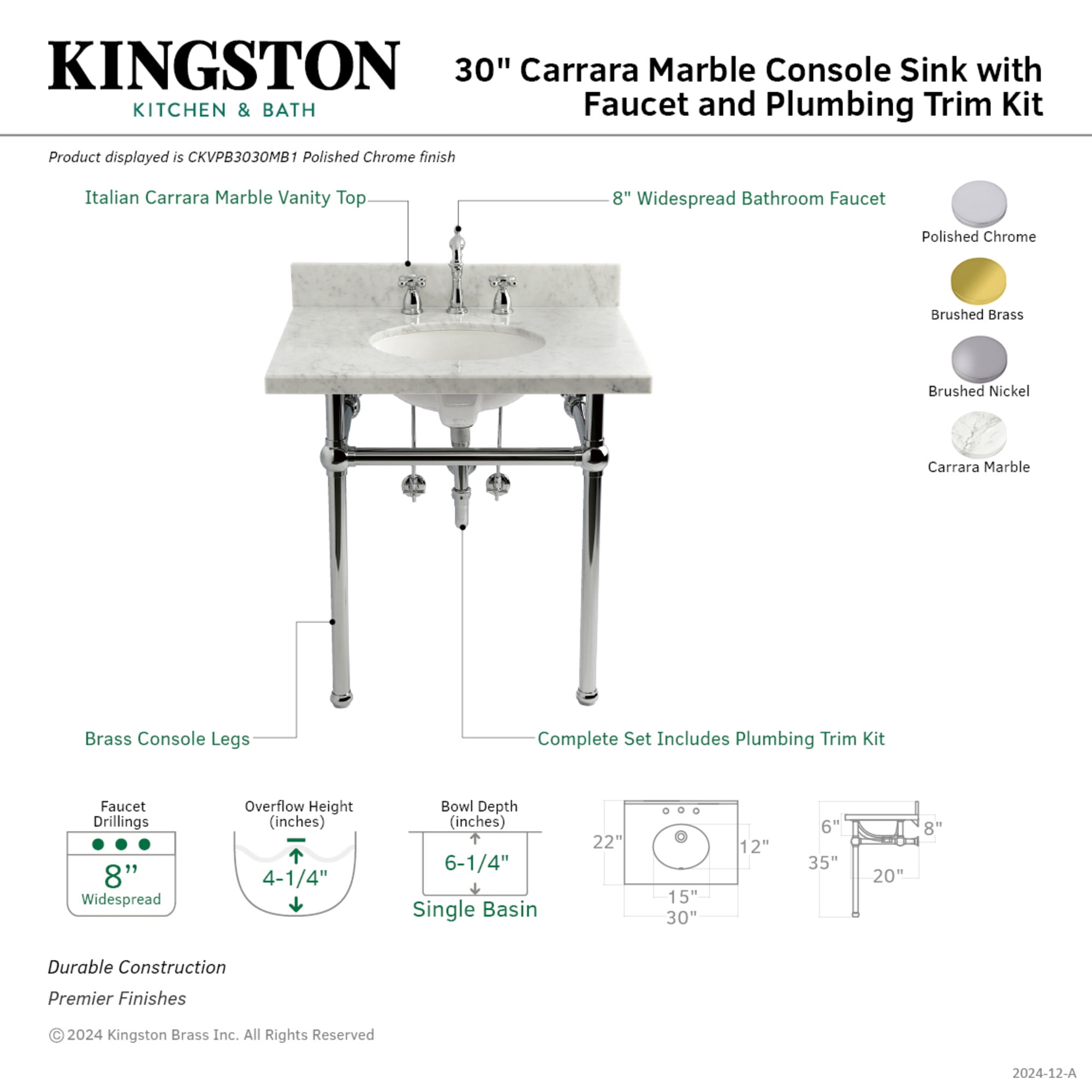Kingston Brass CKVPB3030MB7 Templeton 30" Carrara Marble Console Sink Set with Widespread Bathroom Faucet and Plumbing Trim Kit (8-Inch, 3-Hole), Carrara Marble White/Brushed Brass