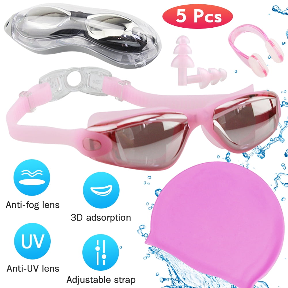 Set of 3 Pink Adjustable Swimming Goggles With Nose Ear Plug For Adults kids