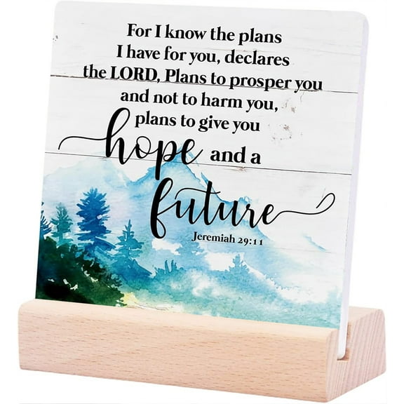 Ceramic Sign 4x4Inch Wood Signs Jeremiah For I Know The Plans I Have For You Plaque Sign with Wood Stand Decor Tabletop Christian Ceramic Plaque Table Decor Religious Home Decor Spiritual Gifts