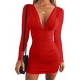 thumbnail image 1 of Vestido mini de fiesta ajustado con escote en V y mangas largas sexy para mujer, 1 of 4