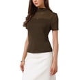 thumbnail image 4 of Summer Mock Turtle Neck Short Sleeve Tops for Women Sheer Mesh Shirts Basic Going Out Outfits M Coffee, 4 of 6