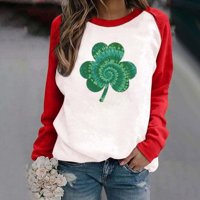 Mikilon Women's Spring Patchwork St. Patrick's Day Printed Long Sleeves Round Neck Casual Tee Tops