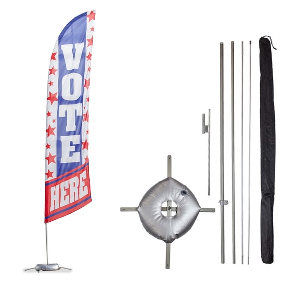 Vispronet Vote Here Feather Flag Kit, 13.5ft Red White & Blue Vote Flag with Pole Set, Both Bases