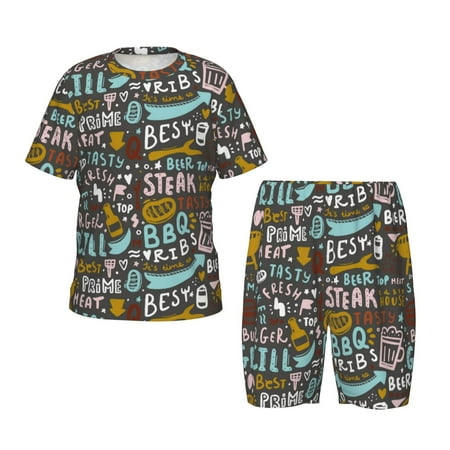 Luyuia Barbeque Print Girls  2-Piece Tie-Dye Pajama Set  Cute Summer Loungewear with Shirt and Tank Shorts Nightwear-Medium