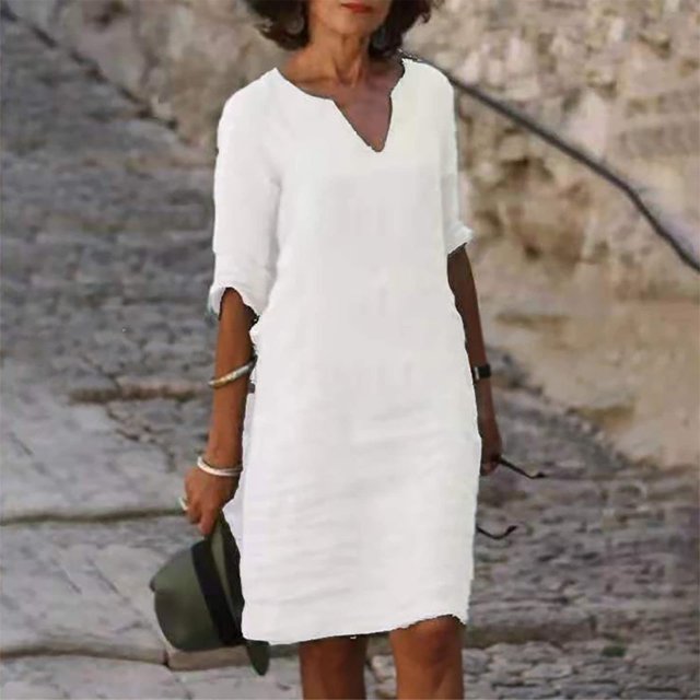 Vestido Vestido casual de mujer Vestido elegante de lino de algodón con manga 3/4 Vacaciones simples Ygjytge Blanco T L para Mujer