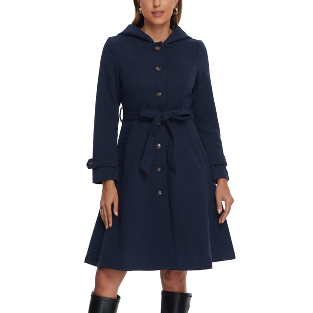 Abrigo con capucha y cinturón de una sola fila de botones para mujeres, abrigo de invierno con bolsillos, talla L, azul oscuro