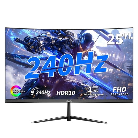 ZZA 24.5 Inch Gaming Monitor 240Hz FHD 1920x1080P 120% sRGB, 1ms MPRT, AMD FreeSync, Low Motion Blur, HDMI 2.0 & DisplayPort 1.4, VESA Wall Mountable, for PC Desktop Laptop Office Games, Black