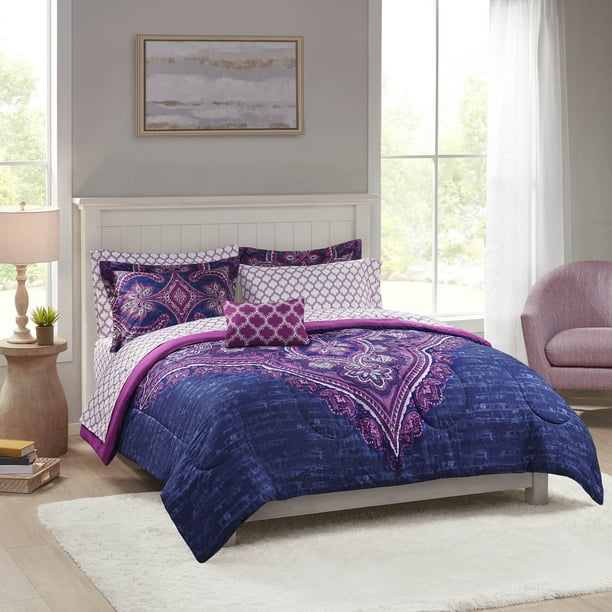 Mainstays Purple Medallion 8 Piece Bed In A Bag Comforter Set With Sheets King Com Bed In A Bag Comforter Set With Sheets, Purple King Bed Set