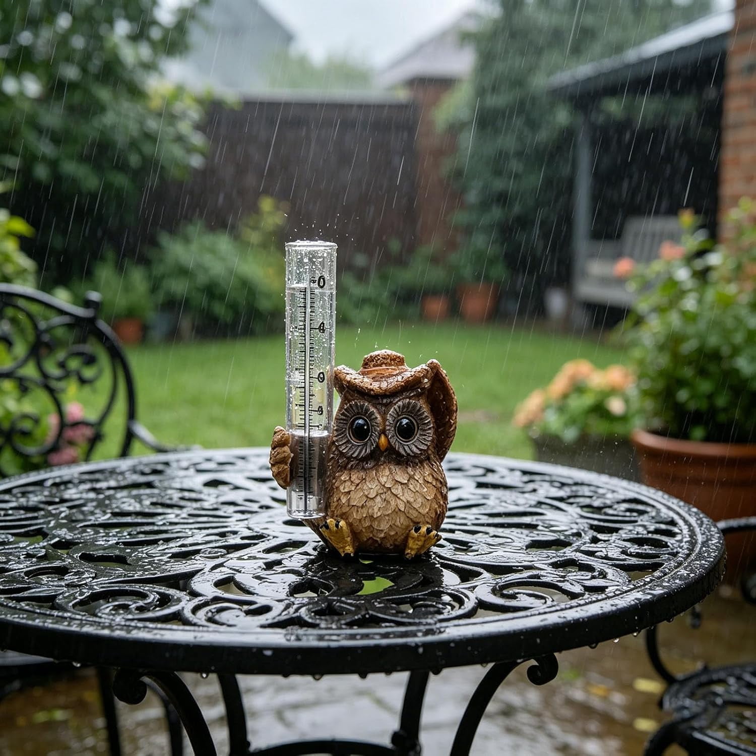Cute Owl Resin Rain Gauge Outdoor Decor, Rainfall Measuring Tool with Scale Markings & Measuring Tube, Decorative Rain Gauge for Yard, Patio, Deck (Khaki)