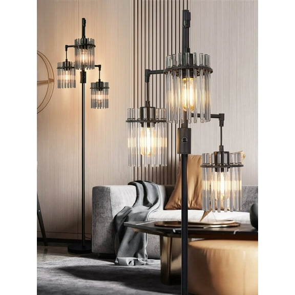 Industrial Modern Floor Lamps for Living Room, Dimmable Glass Tree Standing Tall Lamps with 3 Elegant Teardrop Cage Head & 800 Lumens LED Bulbs for Bedroom Office