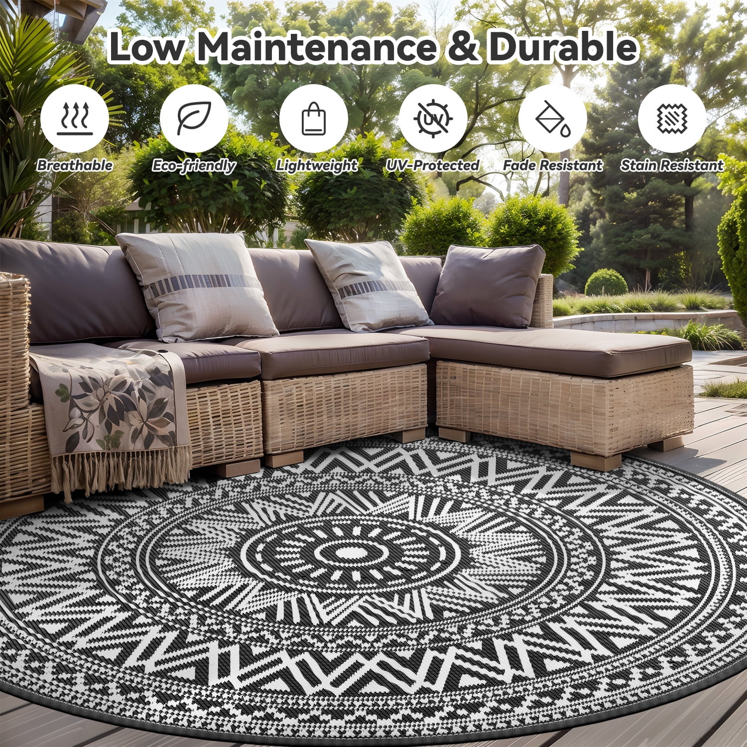SIXHOME Outdoor Rugs 8'x8' Round Indoor Outdoor Rugs Waterproof Reversible Patio Rug Plastic Straw Lightweight Outdoor Carpet for RV Camping Deck Balcony Graden Beach Boho Porch Decor Black