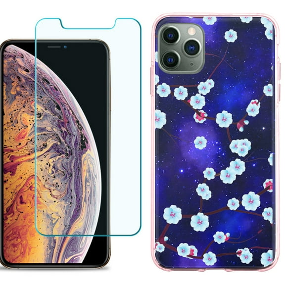 For Apple iPhone 11 Pro Max Case , Slim-Fit TPU Protective Phone Case (Pink Bezel) with Tempered Glass Screen Protector, by OneToughShield ® - Blossom Stars