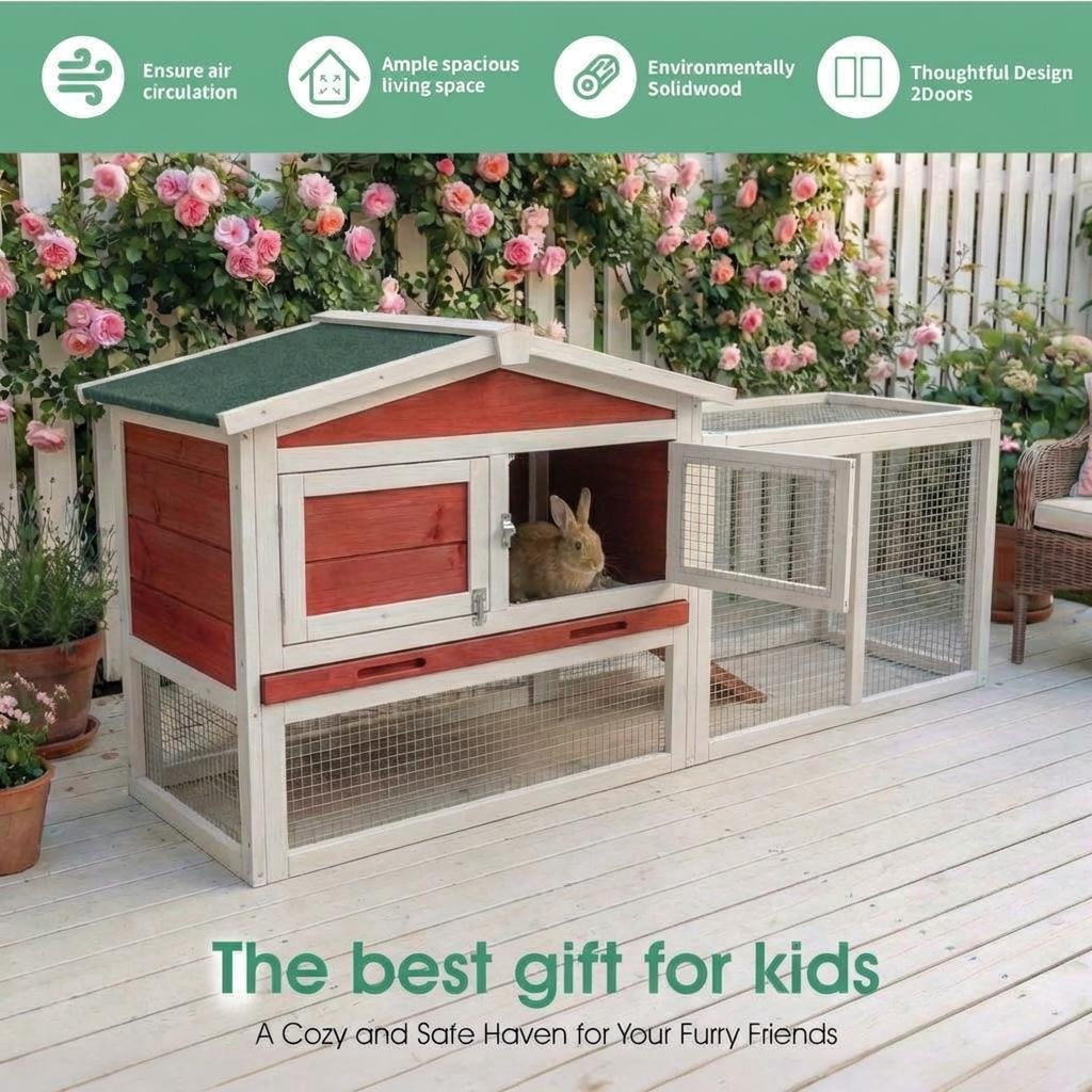 Huisuilinss Wooden Rabbit Hutch,Large Rabbit Cage,Indoor And Outdoor ChickenCoop Expandable With Anti-Chew Metal Frame Ramp,Cleaning Tray & Waterproof Roof For Backyard Small Animals