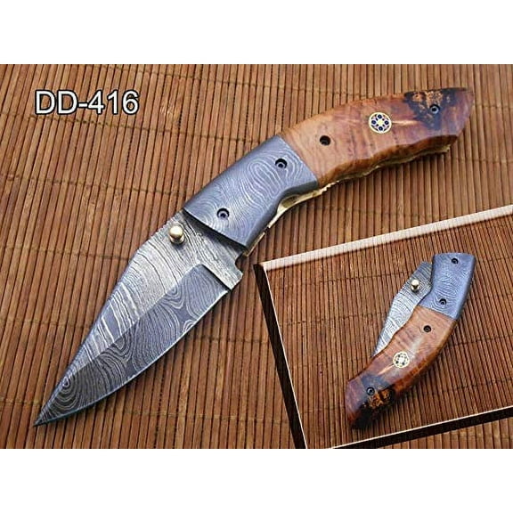 7.25" Folding Knife, 3.25" Hand Forged Twist Pattern Damascus Steel Blade, Wood Scales, Pocket Knife, Liner Lock & Thumb knob Equipped, Cow Hide Leather Sheath