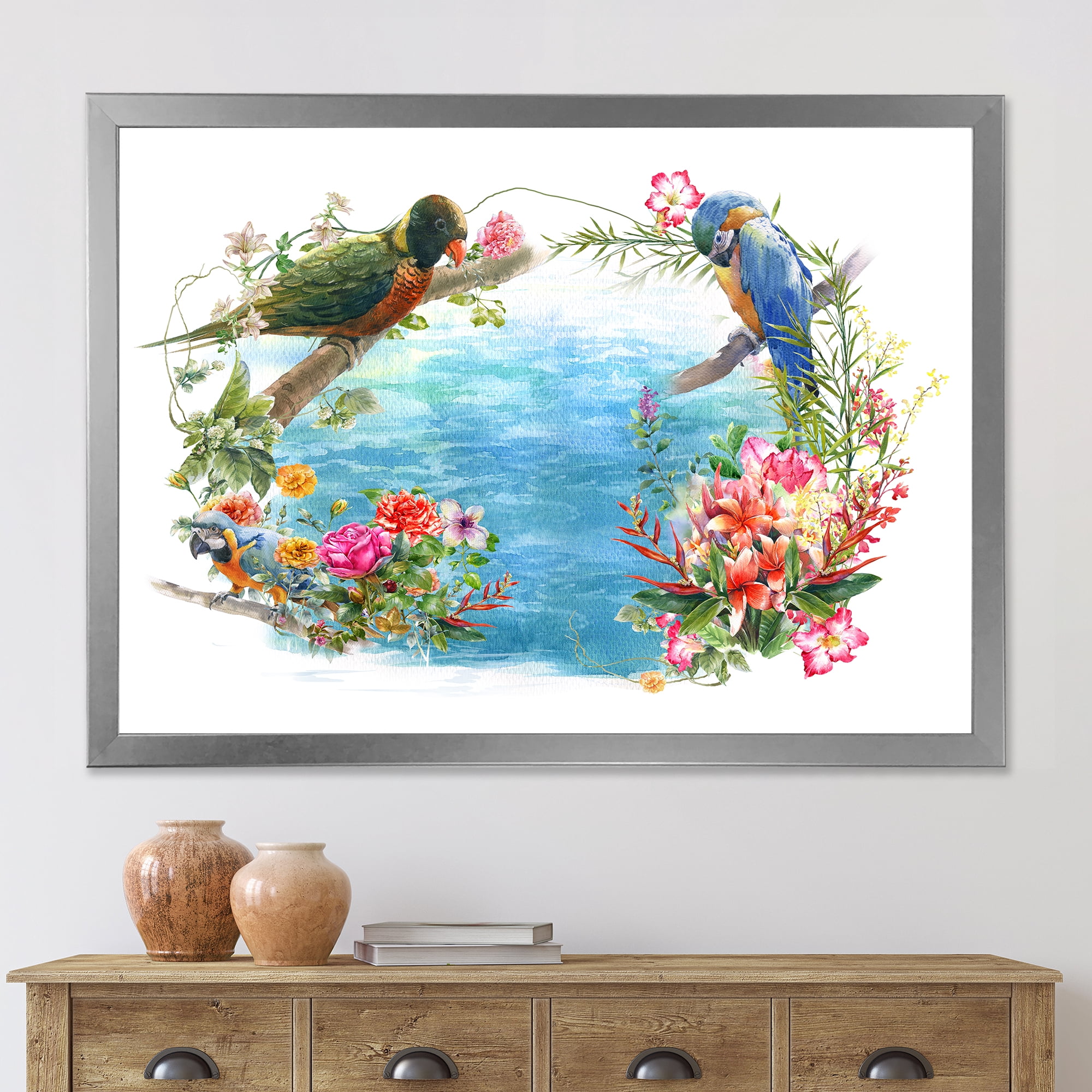 Designart 'Parrots and Flowers By The Blue Waterside' Traditional Framed Art Print