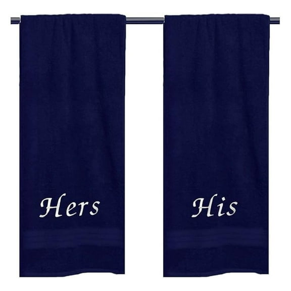 His & Hers Embroidered Cotton Bath Towels. Bath Towels Set Includes: 1 His Bath Towel and 1 Hers Bath Towel. (Dark Blue)