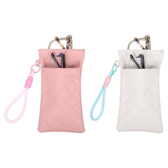 Uxcell Double Eyeglasses Case, 2 Pcs Leather Soft Glasses Cases Portable Sunglasses Pouch Organizer with Carrying Strap for Women Men Glasses Organization, Light Pink/White