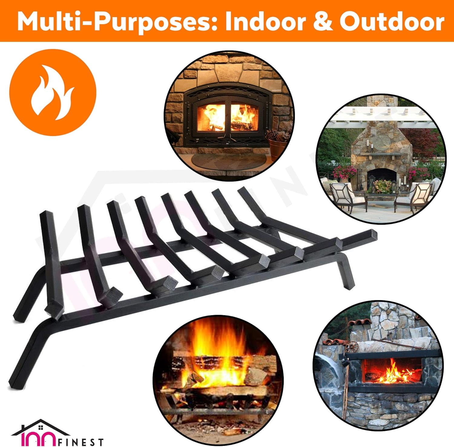 Mintazer 36" Heavy Duty Fireplace Grate, 8-Bar 3/4" Square Steel Firewood Log Burning Rack, Multi-Purpose Indoor Outdoor Fire Pit Fireplace Accessories, Black