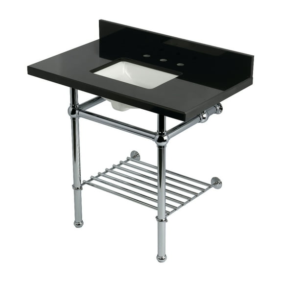 Kingston Brass KVPK36KBSQB1 Templeton 36" Black Granite Console Sink with Brass Legs and Shelf (8-Inch, 3-Hole), Black Granite/Polished Chrome