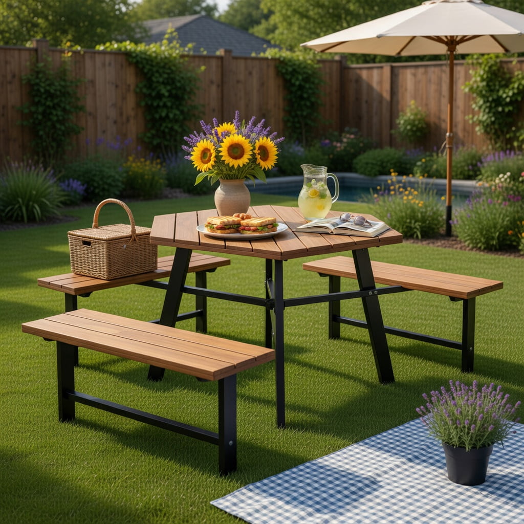 Hommoo 6-Person Acacia Wood Outdoor Picnic Table Set with 3 Benches, Rust-Resistant Metal Frame, Umbrella Hole & Adjustable Feet, Brown & Black