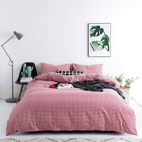 Red Gingham Duvet Cover King Size 100% Washed Cotton Vintage Plaid Duvet Cover 3 Pieces Set 1 Grid Duvet Cover with Zipper Ties 2 Pillowcases Farmhouse Rustic Soft Gingham Bedding Set Durable