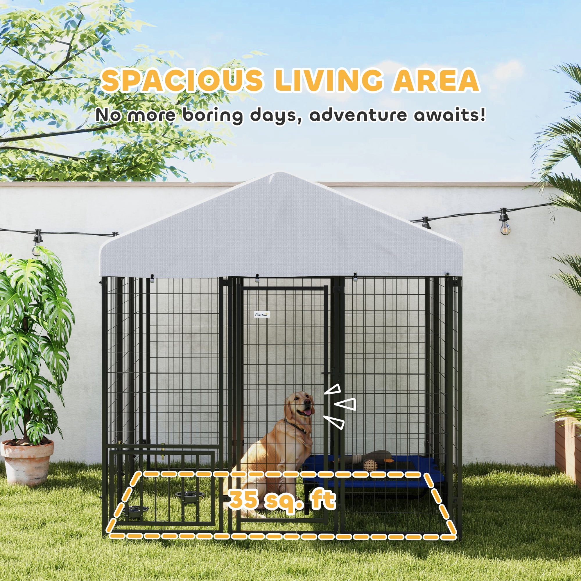 PawHut Outdoor Dog Kennel with Roof, 5.9' x 5.9' x 6' Heavy Duty Welded Wire Dog Playpen Fence with Rotating & 4-Level Adjustable Feeding Bowls