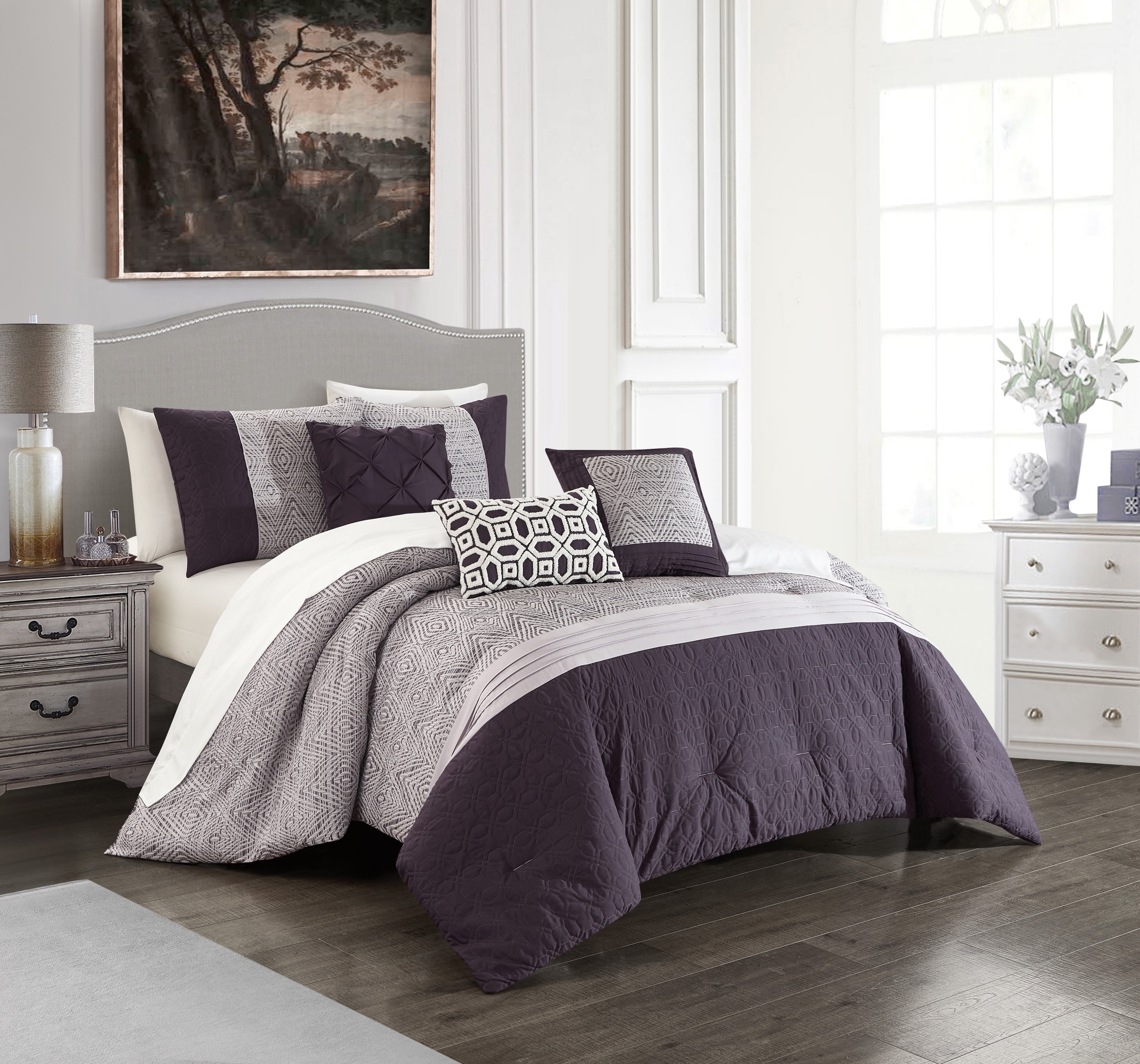 Chic Home Ima 10-Piece Color Block Comforter Set, King, Plum