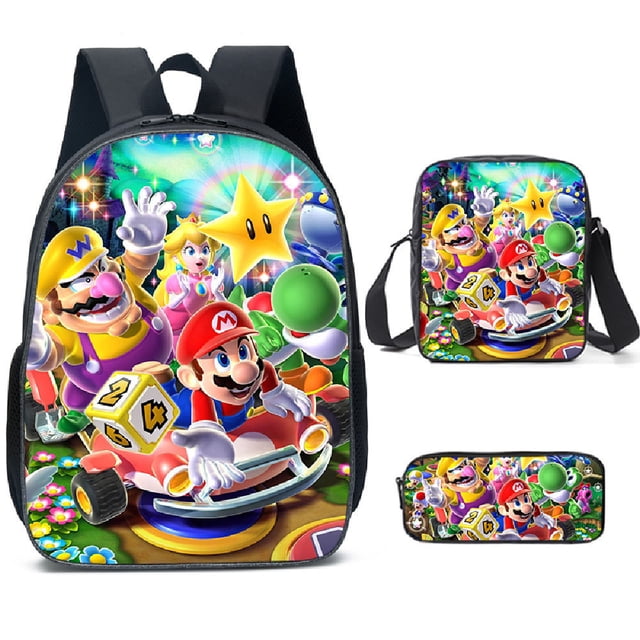 Mario School Backpack Travel Bag Three-piece Lunch Backpack Student Schoolbag Teen School Gift-sebneei