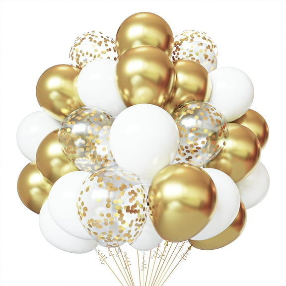 White and Gold Confetti Latex Balloons, 60 Pack 12 inch gold and white Party Balloons with Ribbons for Birthday Graduation Wedding Bridal Shower Party Decorations