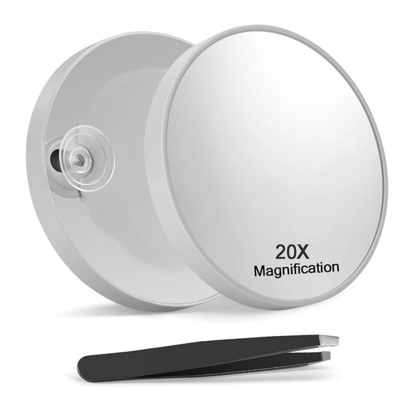Round 20X Magnifying Mirror, 3.4Inch Magnified Mirror with Two Mounting Suction Cups, Compact Magnifying Mirror and Tweezers for Shaving, Blackhead Blemish Removal (Silver)