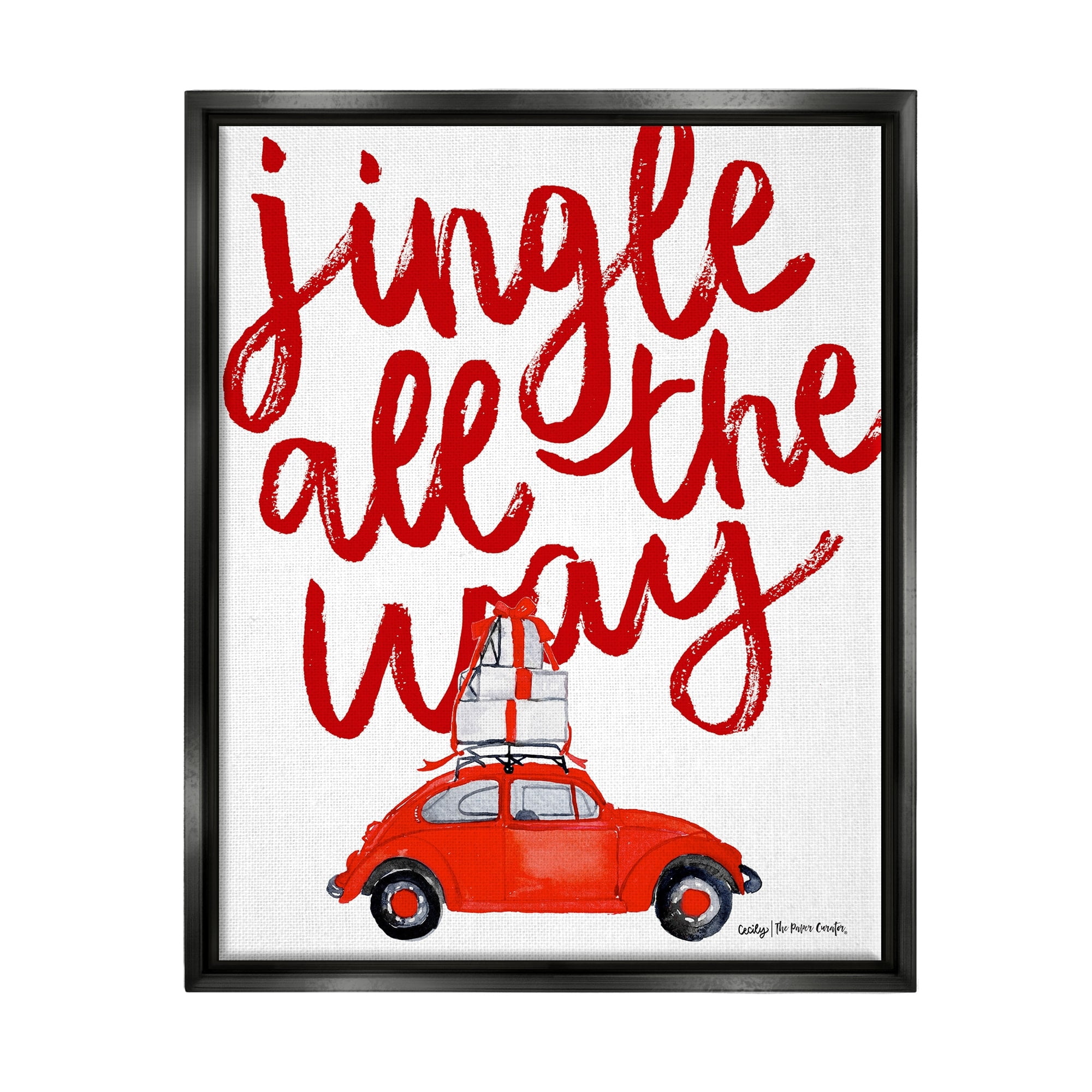Stupell Industries Jingle All The Way Holiday Gifts Red Car Driving Graphic Art Metallic Gold Floating Framed Canvas Print Wall Art, Design by Cecily Moore