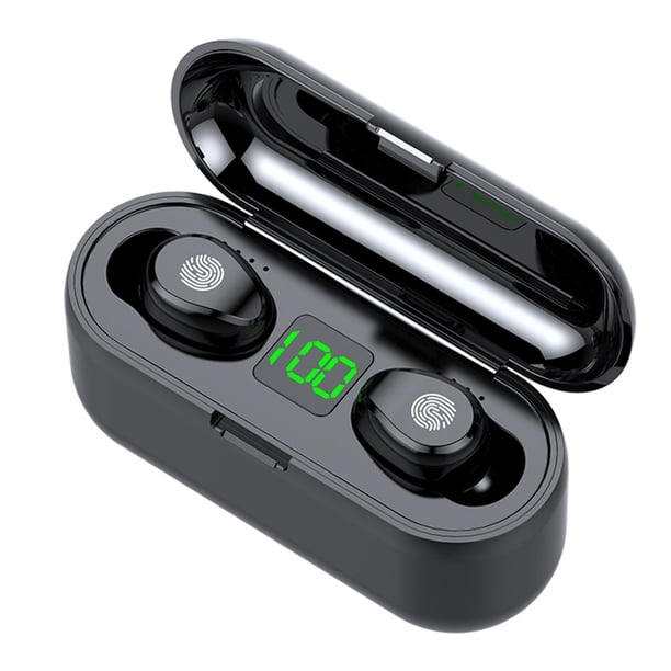 Auriculares inalámbricos TWS, impermeables, con control táctil, estéreo, cancelación de ruido, pantalla digital y cargador de 2000 mAh (negros).